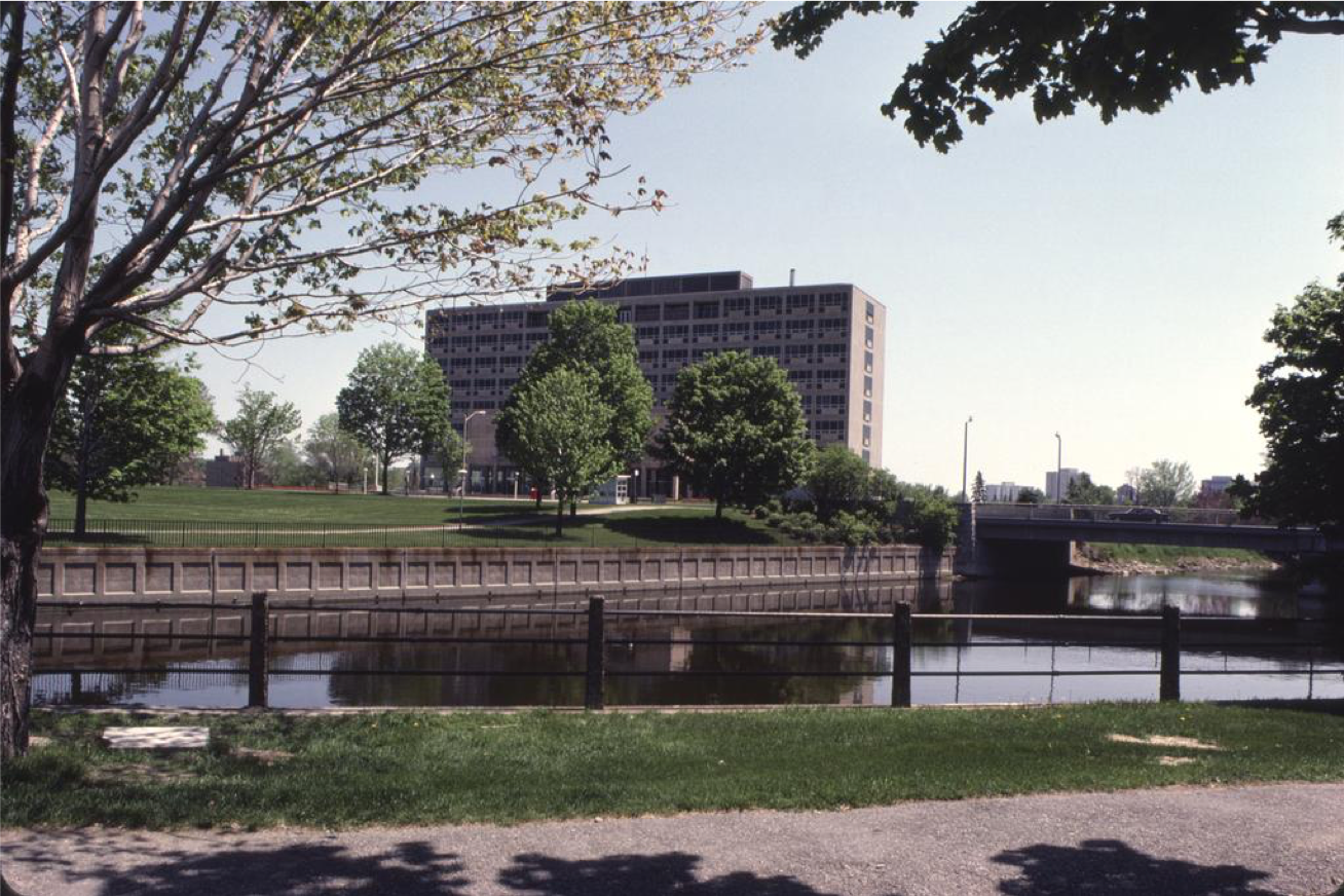 Diefenbaker Building 49 - exterior north west view of 1958 building over Rideau River