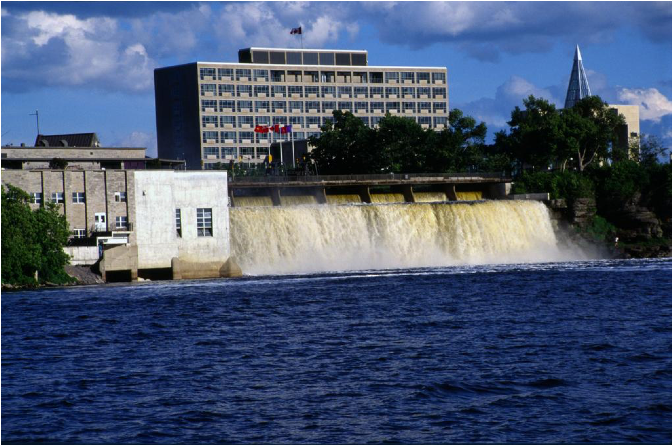 Diefenbaker Building 55 - exterior north view of 1958 building from Ottawa River over Rideau Falls