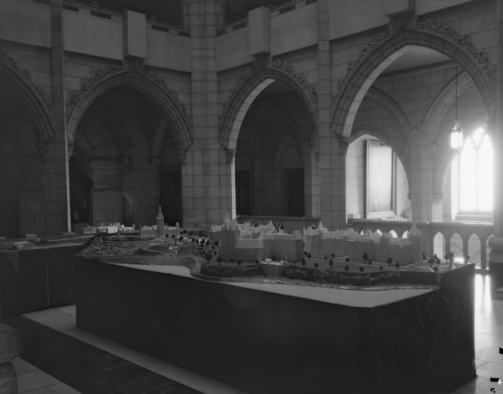 Interior atrium with building models