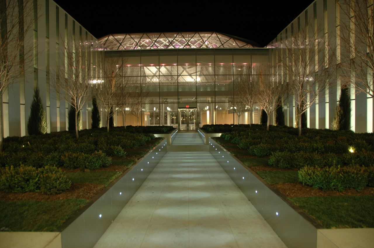 Night time image of the outdoor garden that shows the impressive use of light.
