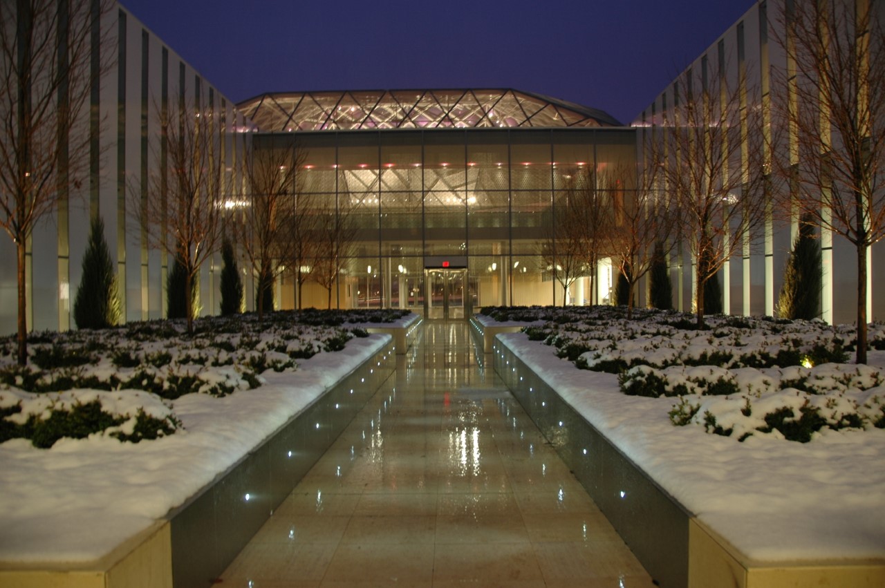 Image of the garden space during the winter time with snow gathered on the plants.