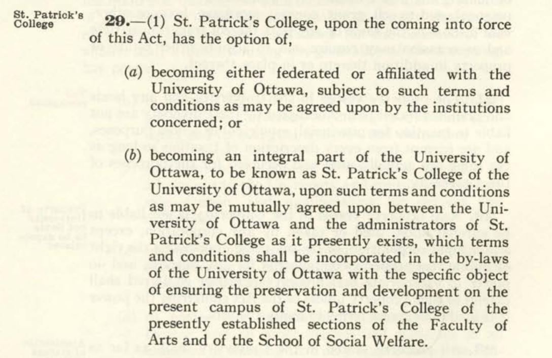 1965 University of Ottawa Act passage on the fate of St. Patrick's college 
