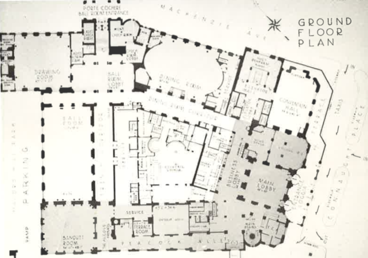 Ground Floor Plan. Darker portion represents the original building designed by Ross and MacFarlane (1908-1912). Lighter portion represents the added branch designed by Archibald and Schofield (1927-1929).