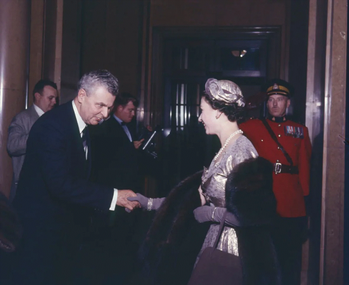 John Diefenbaker greets Queen Elizabeth II at a reception held inside the Château Laurier on Oct. 15, 1957. (Library and Archives Canada)