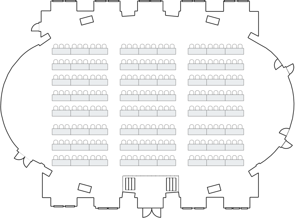Adam Room layout designed for classroom use; can hold up to 225 people.