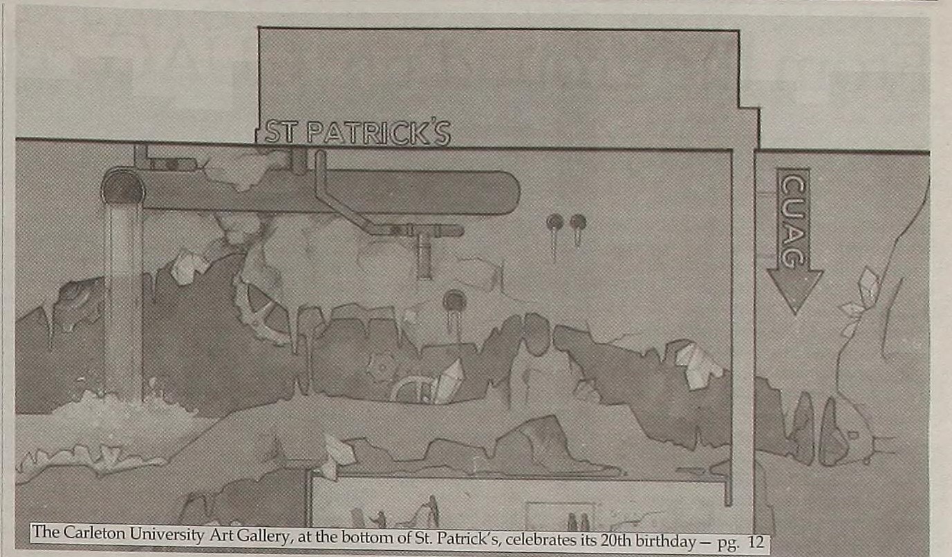An illustration of the St. Patrick's Building and Carleton University Art Gallery at the tunnel level included in The Charlatan 42, no. 12.