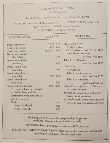 Canadian National Railways Hotel Department, Chateau Laurier Rates, December 1946