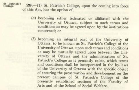 1965 University of Ottawa Act passage on the fate of St. Patrick's college 