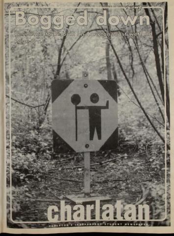 A picture of a construction sign in front of a landscaped area is titled "Bogged Down - Residence to be built on Carleton's last wetland."