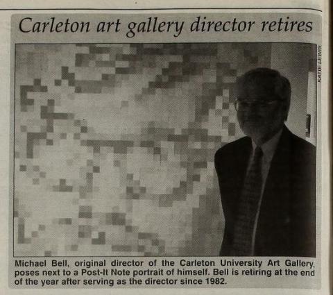 An image of Michael Bell, director of the Carleton Art Gallery, standing next to an art installation that captures his likeness in sticky notes.