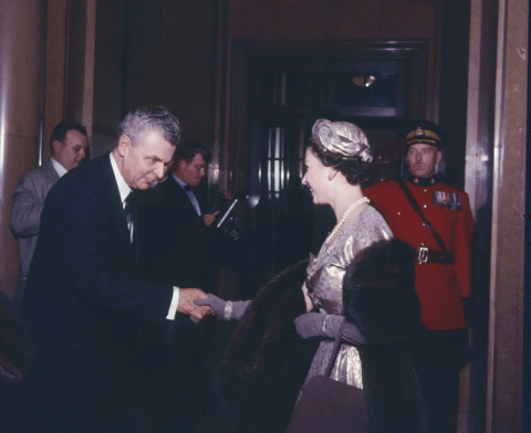 John Diefenbaker greets Queen Elizabeth II at a reception held inside the Château Laurier on Oct. 15, 1957. (Library and Archives Canada)