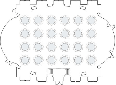 Adam Room layout designed for banquet use; can hold up to 300 people.
