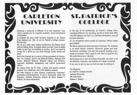 Advertisement for Carleton University and St. Patrick's college